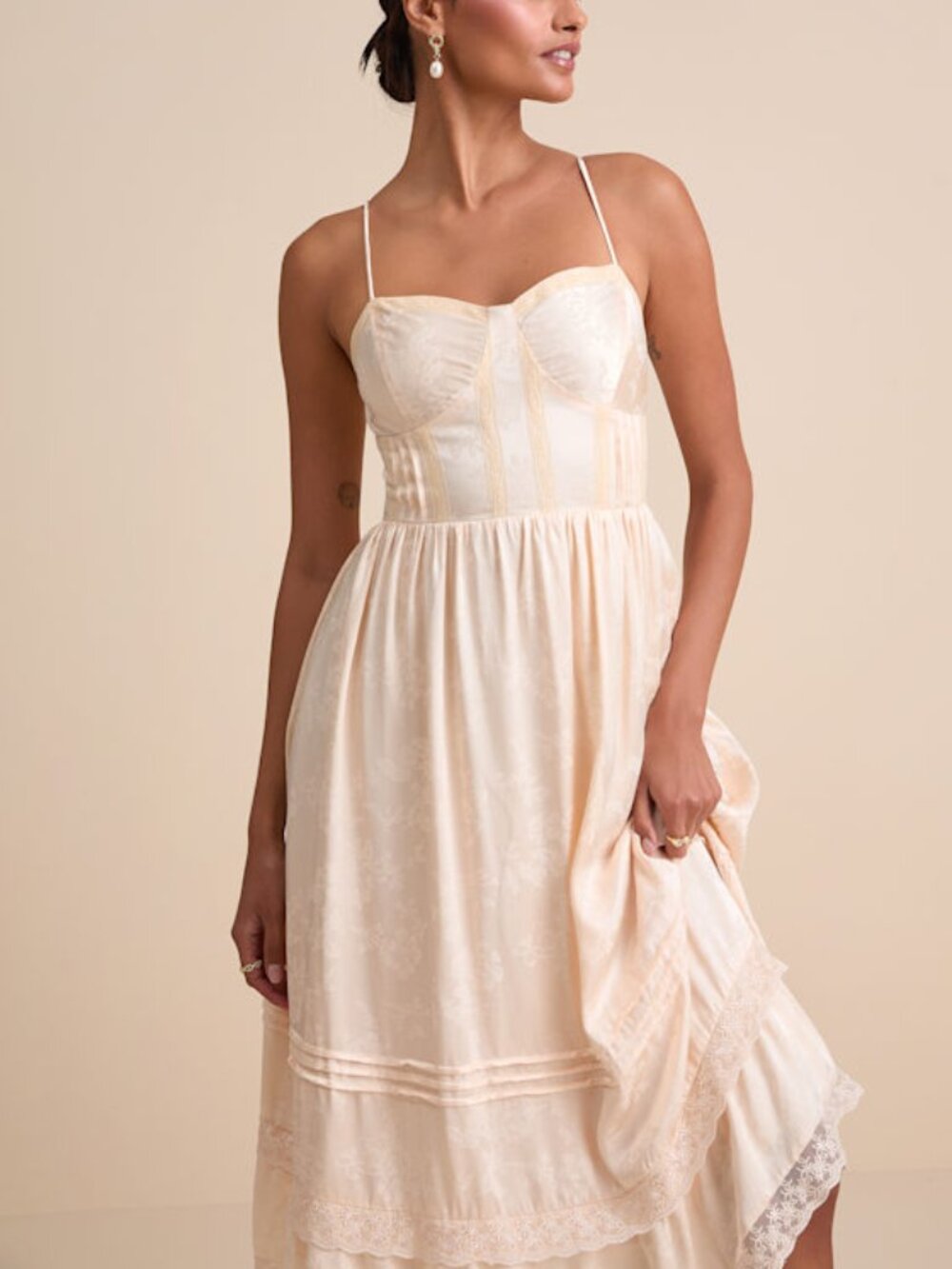 Lulus Sarisha Blush Satin Jacquard Bustier Midi Dress Pink - Size S